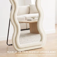 HOMCOM Espejo de Cuerpo Entero 160x60 cm Marco Ondulado Aterciopelado Independiente Apoyado y de Pared Crema(m-4)