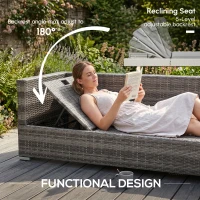 Outsunny 3PC Rattan Garden Furniture Storage Sofa Set, 4 Seater Wicker Coffee Table Conservatory Sun Lounger Reclining Set with Cushion, Grey(m-6)