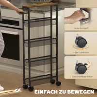 HOMCOM Keukentrolley serveertrolley 5 niveaus, rolwagen keukenrek met werkblad, wielen & greep, 47 x 13 x 96,5 cm, zwart(m-7)
