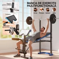 HOMCOM Bancă Multifuncțională cu Suport pentru Haltere și Spătar Reglabil, din Oțel și PU, 155x56.5x120 cm, Negru și Albastru(m-5)
