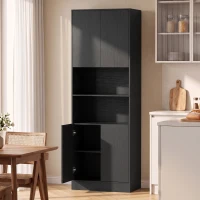 HOMCOM Aparador Alto para Cozinha Armário de Cozinha 4 Portas com Fecho Suave 2 Compartimentos Abertos e Prateleiras Ajustáveis Preto(m-2)