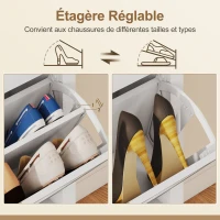 HOMCOM Meuble à chaussures 20 paires bohème avec 4 tiroirs rabattables, portes effet cannage rotin, 105 x 24 x 95,5 cm, blanc(m-6)