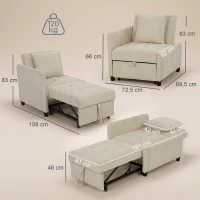 HOMCOM Sillón convertible 1 plaza, sillón cama clic-clac 4 en 1 tapizado en chenilla, respaldo ajustable, asiento amplio, beige(m-3)