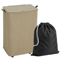HOMCOM Cesto de Ropa Sucia con Tapa y Ruedas 50L Cesta de Ropa Sucia Plegable con Bolsa con Cordón Extraíble 40x30x65 cm Camel(m-1)
