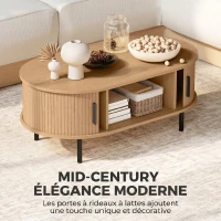HOMCOM Table basse ovale en bois, table de salon moderne avec portes coulissantes et rangement caché, 100x55x40cm, bois naturel(m-4)