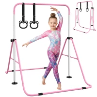 HOMCOM Kinder-Turnbarren mit Ringen, höhenverstellbar, klappbar, rutschfest, Stahlrahmen, 148x105x88-128 cm, Pink(m-12)