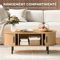 HOMCOM Table basse ovale en bois, table de salon moderne avec portes coulissantes et rangement caché, 100x55x40cm, bois naturel(m-6)