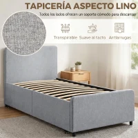 HOMCOM Cama Nido Individual 90x190 cm Estructura de Cama Tapizada en Lino con Cabecero y Piecero Listones de Madera Gris Claro(m-5)