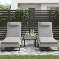 Outsunny 3-piece PE Rattan Sun Lounger Set with Adjustable 5-Position Recliner, Patio Chaise Lounge Chair Set with Cushions, Headrests, Glass Top Square Coffee Table, Light Grey(m-2)