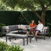 Outsunny 4 Piece L-shaped Garden Furniture Set 8-Seater Aluminium Outdoor Dining Set Conversation Sofa Set w/ Bench, Dining Table & Cushions, Grey(m-13)