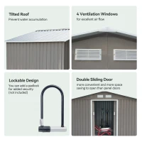 Outsunny 9 x 6FT Outdoor Garden Roofed Metal Storage Shed Tool Box with Foundation Ventilation & Doors Light, Grey(m-6)