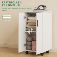 HOMCOM Mobilier pentru Masa de Călcat Pliabil cu Roți, Raft Reglabil și Închidere Soft Close, din Lemn și Material Textil, 128x43x83 cm, Alb(m-6)