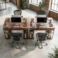 HOMCOM Bureau avec rangement avec prises de courant, 3 tiroirs en tissu et 4 étagères de rangement, 120 x 40 x 76 cm, marron(m-9)