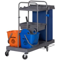 HOMCOM Putzwagen Reinigungswagen mit 3 Ebenen Wischwagen mit Presse, 2x18L Eimer  für Hotel(m-11)