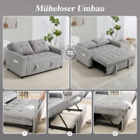 HOMCOM 2-Sitzer Sofabett, Cordbezug, zum Schlafsofa umwandelbar, 2 Kissen, Seitentaschen, 157 x 190 cm, Hellgrau(m-4)