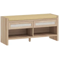 HOMCOM Boho Shoe Bench with 2 Rattan Drawers, Shoe Storage Bench with Cushioned Seat and Open Shelf Oak Wood Effect(m-1)