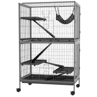 PawHut Cușcă pentru Rozătoare cu 4 Intrări și Niveluri Multiple, cu Hamac, din Metal și PP, 80x52x128 cm, Argintiu și Gri(m-12)