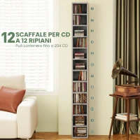 HOMCOM Mobile Libreria Porta CD a 12 Ripiani per 204 CD, in MDF e Truciolato, 21x20x175 cm, Grigio(m-4)