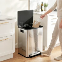 HOMCOM Mülleimer mit 2x30L Fächern, Soft-Close-Deckel, Fingerabdrucksicher, Edelstahl, Silber(m-8)