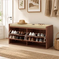 HOMCOM Rattan Shoe Bench with Padded Cushion and 2 Cabinets for Hidden Storage, Brown(m-8)