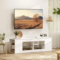 HOMCOM 140 cm TV-Ständer, Fernseh-Kommode, 6 Fächer, 2 Glasregale, Spanplatte, Weiß(m-2)