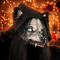 HOMCOM 67"/170cm Life Size Animated Ghost with Werewolf Mask, Halloween Decorations Outdoor Indoor, Scary Halloween Animatronic(m-10)