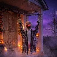 HOMCOM 110cm Screaming Animated Hanging Halloween Decoration, Sound Touch Activated Zombie Decor with Glowing Red Eyes(m-9)
