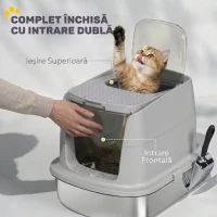 PawHut Litieră Închisă pentru Pisici din Oțel Inoxidabil, cu Capac Rabatabil, Acces Dublu și Paletă, Gri Deschis(m-5)
