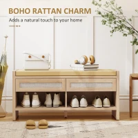 HOMCOM Boho Shoe Bench with 2 Rattan Drawers, Shoe Storage Bench with Cushioned Seat and Open Shelf Oak Wood Effect(m-4)