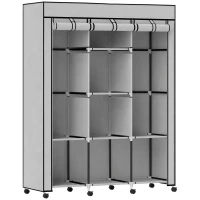 HOMCOM Schrank aus Stoff, Aufbewahrungslösung, 8 Regale, 2 Kleiderstangen, Grau(m-1)