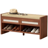 HOMCOM Boho Shoe Bench with 2 Rattan Drawers, Shoe Storage Bench with Cushioned Seat and Open Shelf Brown(m-15)