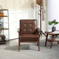 HOMCOM Fauteuil de salon, fauteuil de chambre en cuir synthétique, dossier capitonné, pieds en bois massif, 64x73x81cm, marron(m-10)