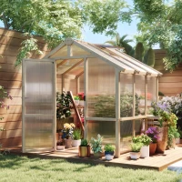 Outsunny 6.6 x 6ft Polycarbonate Greenhouse, Walk-in Wooden Greenhouse with Lockable Door and Window, Garden Plants Grow House, Brown(m-2)