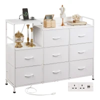 WLIVE Chest of Drawers with Charging Station, 8 Fabric Storage Drawers with Metal Frame and Wooden Top, TV Media Console Table Open Storage Shelves for Bedroom, Living Room, Hallway, White(m-2)