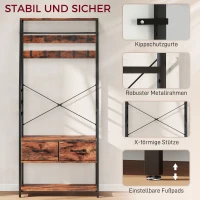 HOMCOM Garderobe mit Schuhregal, Mantelständer mit Sitzbank, 10 Haken, 2 Stoffschubladen, Kleiderstange, Spanplatte, Metall, Braun(m-7)