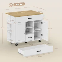 HOMCOM Rollbare Kücheninsel, ausklappbare Arbeitsfläche, Soft-Close-Schranktüren, Schubladen, Handtuchhalter, MDF, Weiß(m-3)