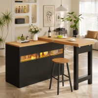 Extendable Bar Table with App-Controlled LED Lighting, Modern Kitchen Island with 360° Swivel Function, 120-180L x 40W x 71.5H cm, Black(m-1)