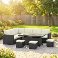 Outsunny 7 Pieces PE Rattan Garden Furniture Set, 50,000 BTU Gas Fire Pit Table, Double Corner Sofa and 3 Footstools(m-2)
