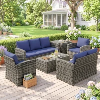 Outsunny 6 Pieces Rattan Garden Furniture Set, 7 Seater Wicker Outdoor Furniture Set with Storage Tea Table & Side Table, Sectional Garden Sofa Set with Cushions, Navy Blue(m-11)