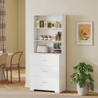 HOMCOM Bücherschrank Hochschrank Vitrinenschrank mit 3 Schubladen, 3 offen Regalen, für Wohnzimmer Küche, 79x39,5x180 cm, Weiß(m-9)