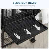 PawHut 156cm Bird Cage,Large Parrot Cage with Open Play Top, Perch, Seed Guard, Wheels, Storage Shelf, Dark Grey(m-4)