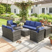 Outsunny 6 Pieces Rattan Garden Furniture Set, 7 Seater Wicker Outdoor Furniture Set with Storage Tea Table & Side Table, Sectional Garden Sofa Set with Cushions, Navy Blue(m-9)