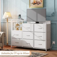 WLIVE Chest of Drawers with Charging Station, 8 Fabric Storage Drawers with Metal Frame and Wooden Top, TV Media Console Table Open Storage Shelves for Bedroom, Living Room, Hallway, White(m-4)