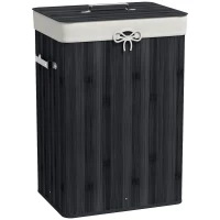 HOMCOM Wäschekorb, Wäschebox, Wäschesammler mit Deckel, Segeltuchsack, Bambus, faltbar, 72L, Schwarz 40 x 30 x 60 cm(m-1)