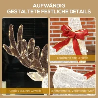 Outsunny Rentier mit roter Schleife, 137 LEDs, Weihnachtsbeleuchtung, wetterfest, 66 x 25 x 135 cm, Silber(m-8)