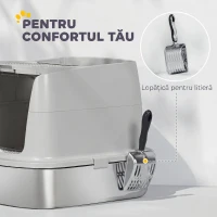 PawHut Litieră Închisă pentru Pisici din Oțel Inoxidabil, cu Capac Rabatabil, Acces Dublu și Paletă, Gri Deschis(m-7)