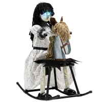 HOMCOM Animated Halloween Girl Riding Horse, Halloween Animatronics with Creepy Rhymes, Glowing Eyes, Sound/Touch Activated(m-15)