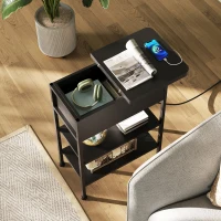 WLIVE Side Table with Charging Station, 3-Tier End Table with Drawer and Flip Top, Comes with USB Ports and Outlets for Living Room and Bedroom, Black(m-4)