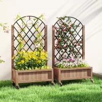 Outsunny 2-delige set verhoogde bloembedden met wielen, klimrek, trellispot bloembak hout 52x25x97cm Bruin(m-10)