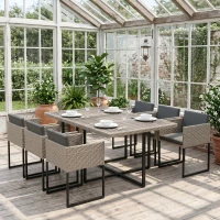 Outsunny 7 Piece Rattan Garden Furniture Set, Garden Dining Set with Wood-Plastic Table and 6 Stackable Chairs, Light Grey(m-14)